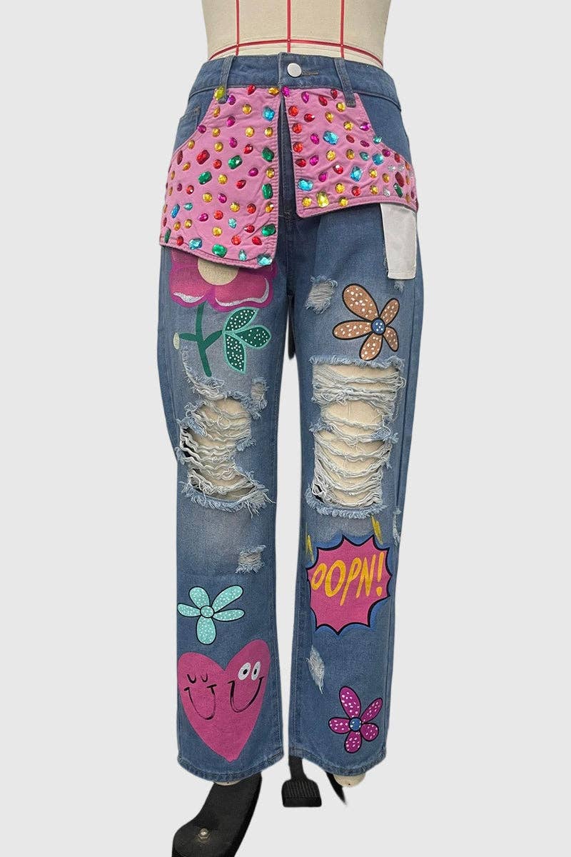 Embellished Wide-Leg Jeans: BLUE