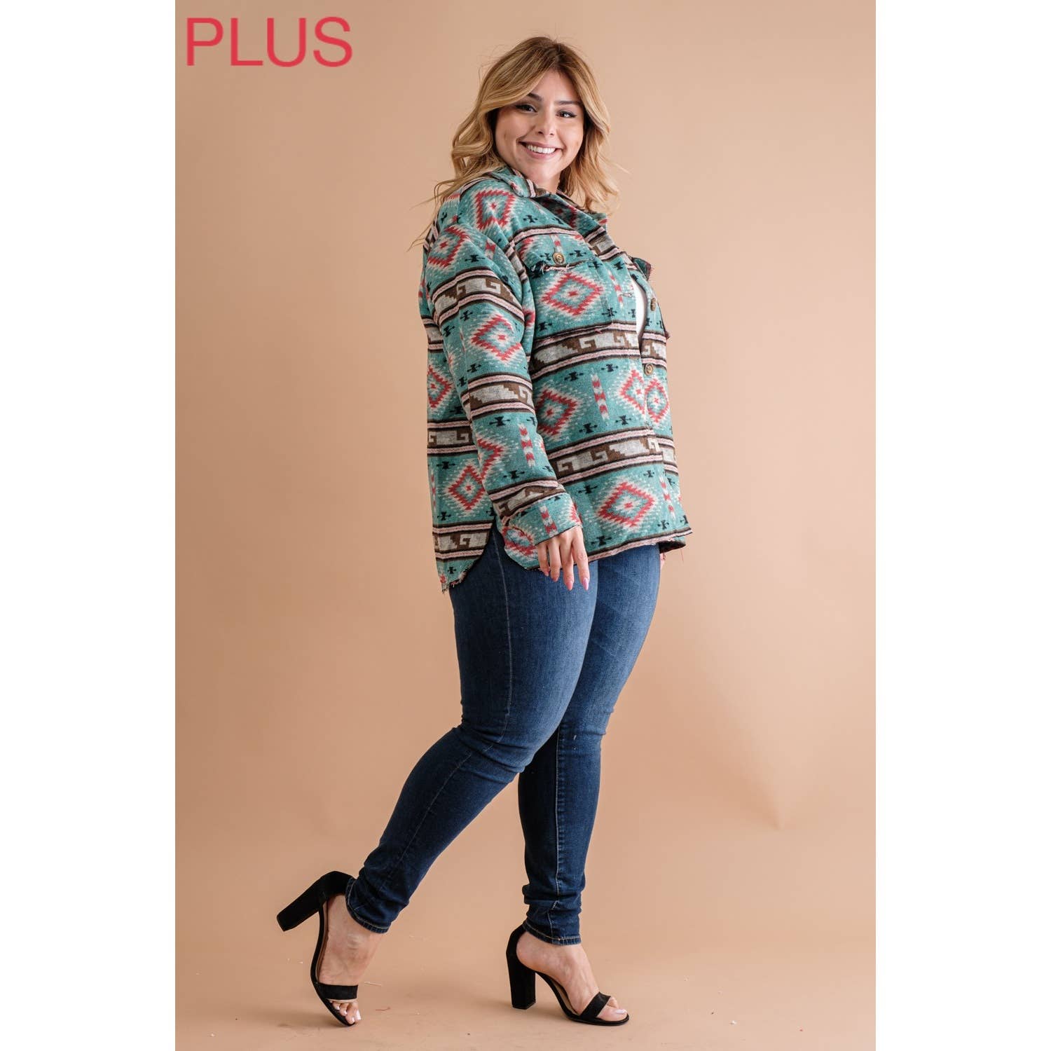 PLUS TRIBAL AZTEC PATTERN BUTTON DOWN SHIRT JACKET: Teal