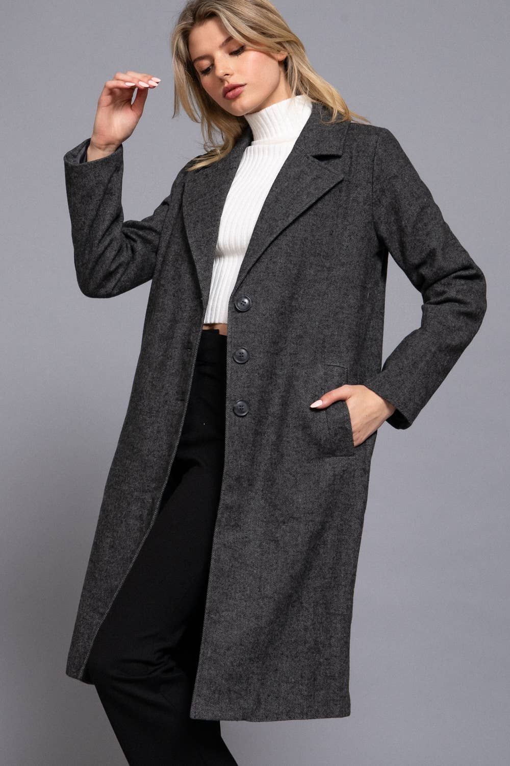 Herringbone Single Breasted Waist Fitted Long Coat: HCH-charcoal
