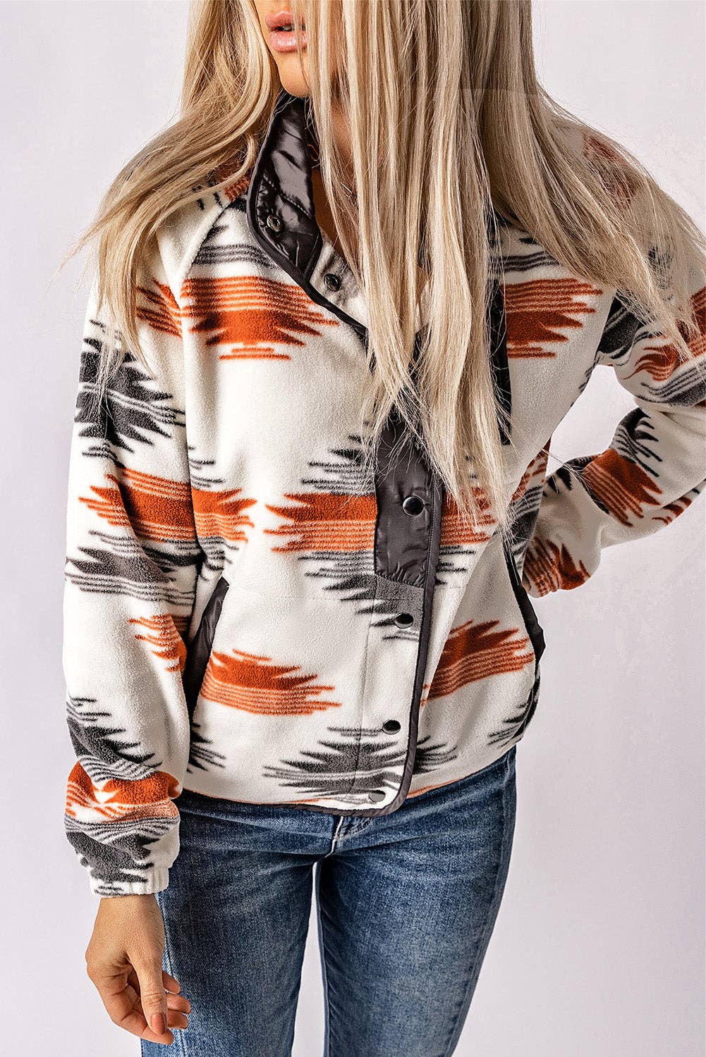 Aztec Fleece Snap Buttoned Jacket: Gray / 100%Polyester