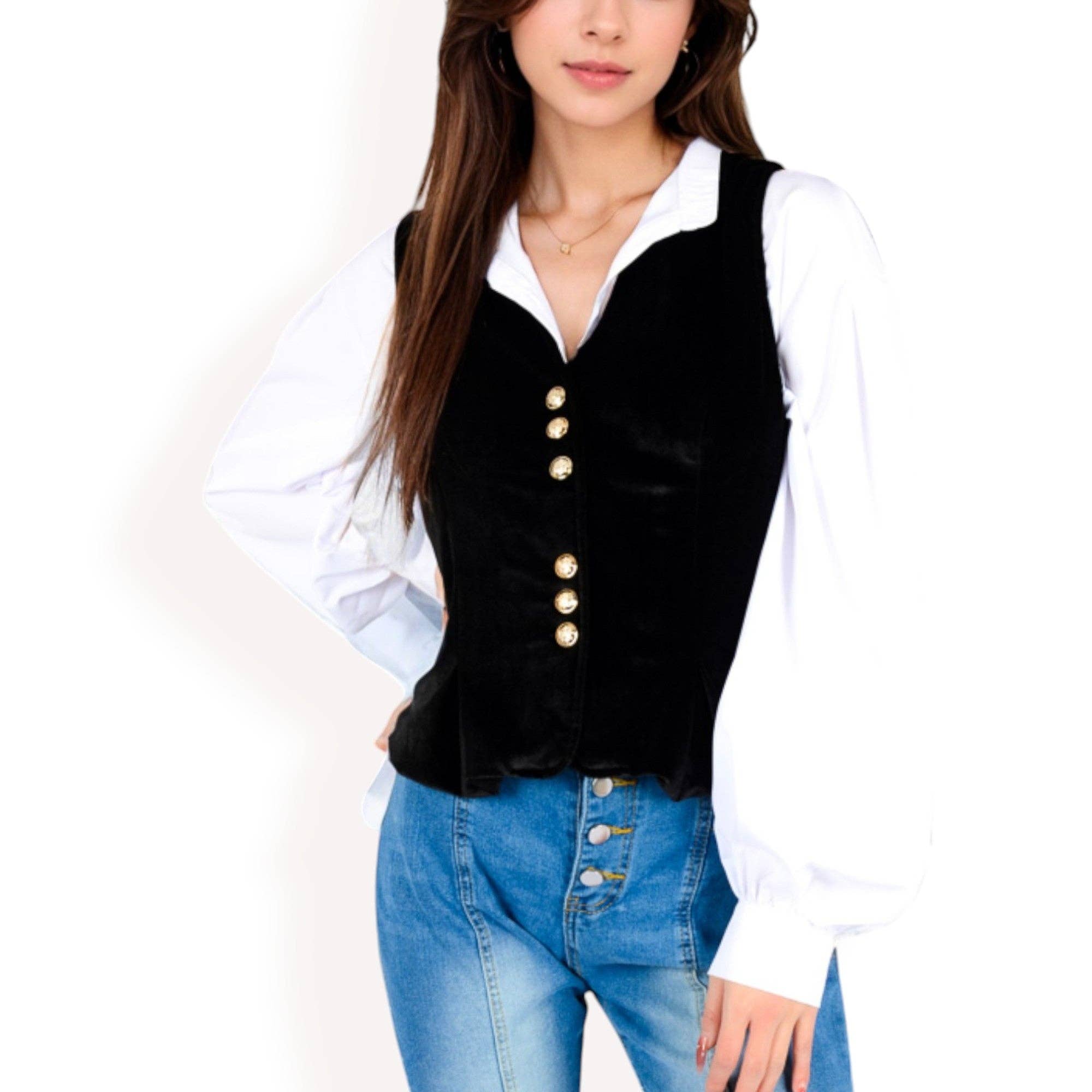 Velvet Peplum Vest with Button Detai: Black