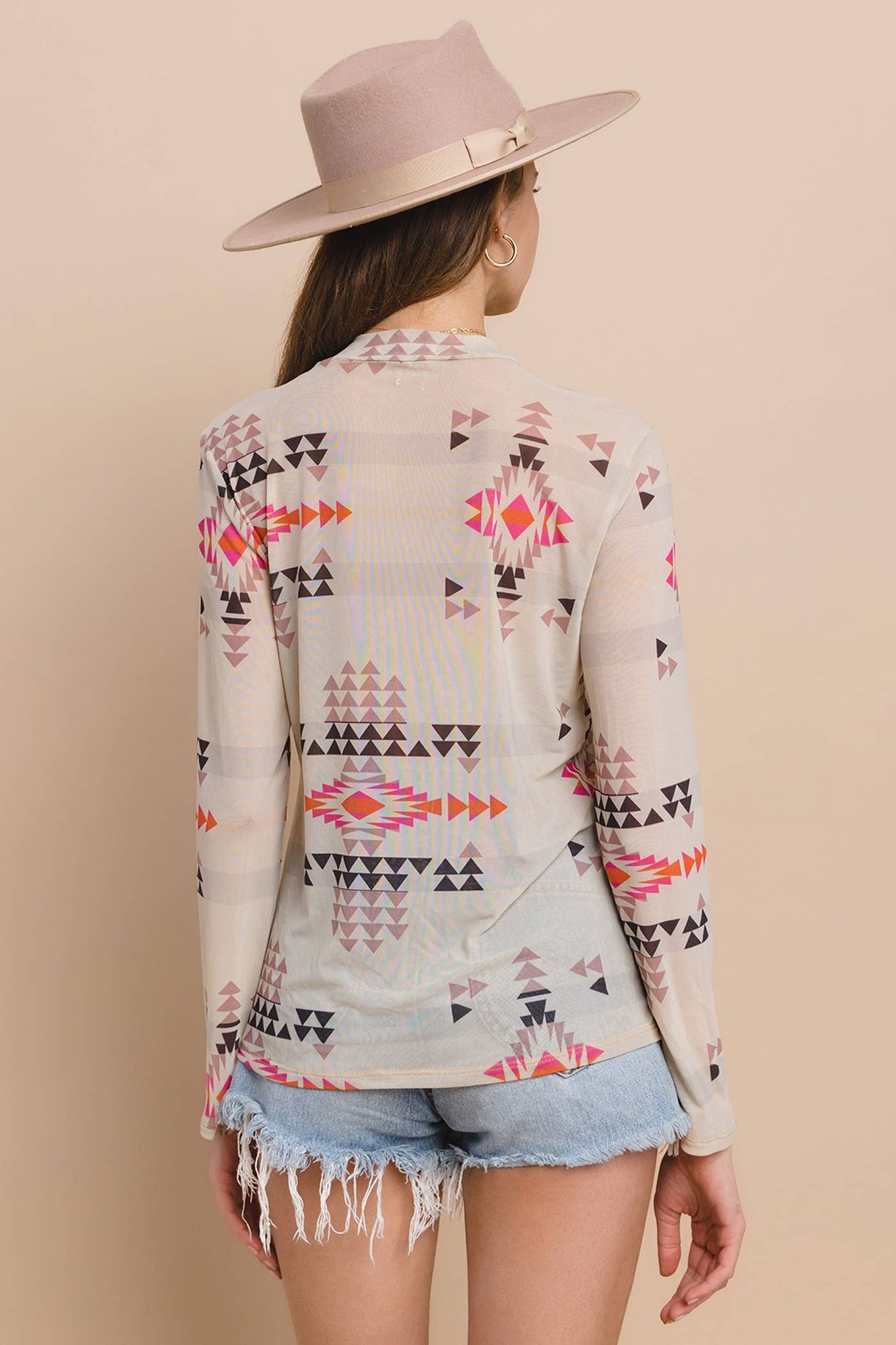 T1502-5273-Western Aztec Print Mesh Mock Neck Top: WESTERN PRINT