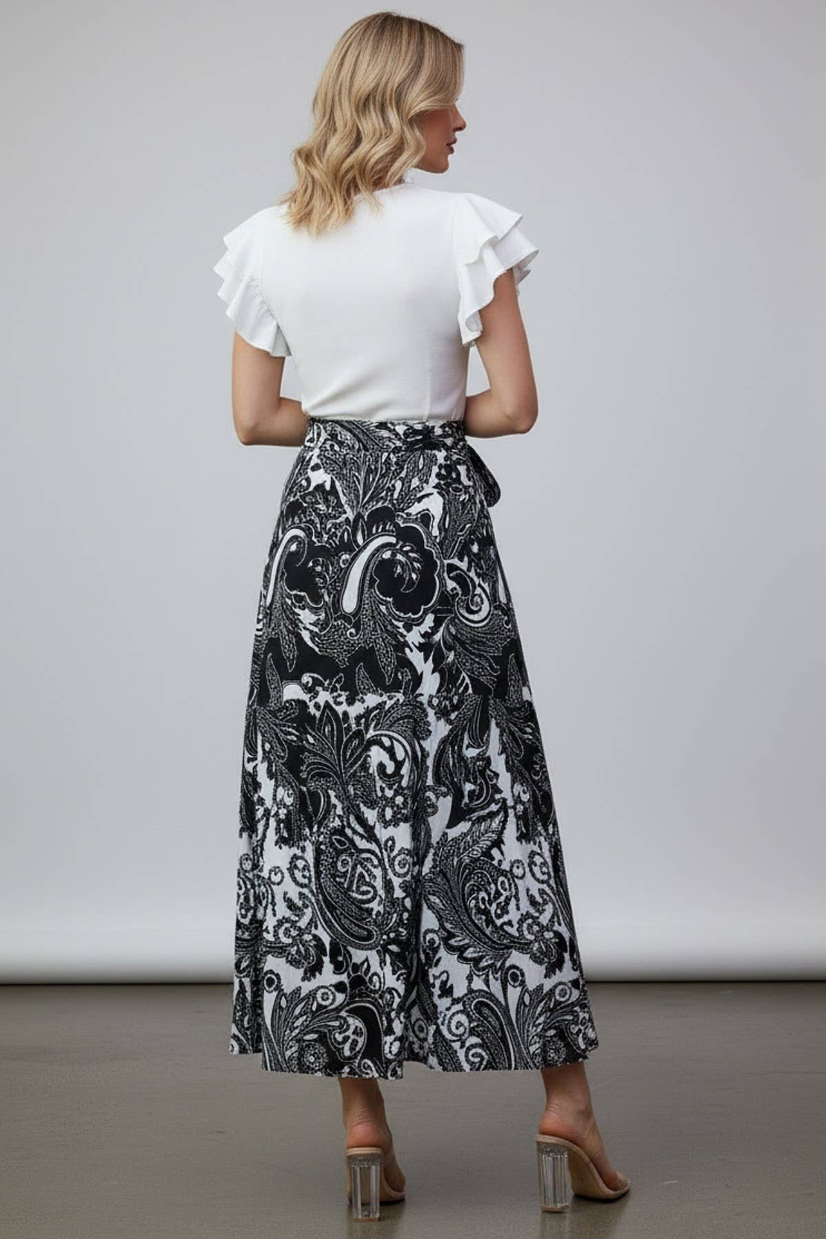 S1050-6902B-Selena Paisley Print High Waist  Wrap Skirt: Black