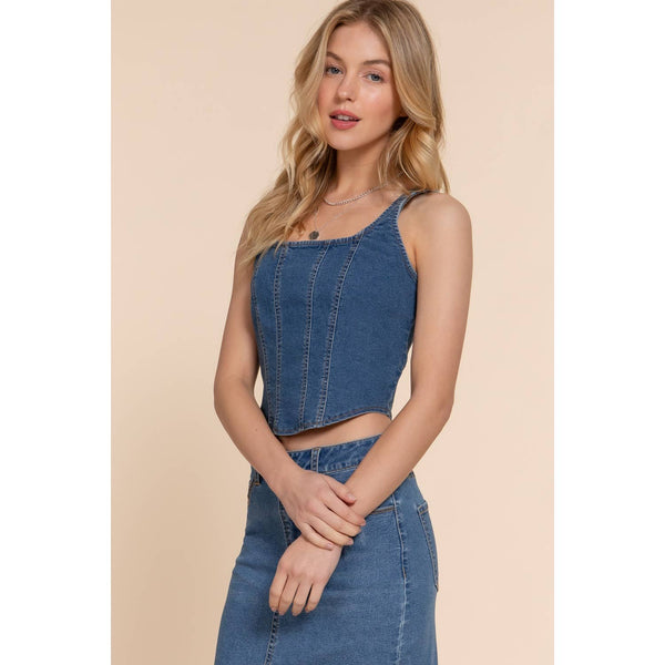 FRONT LINED CORSET STITCH STRETCH DENIM CAMI TOP: BLUE