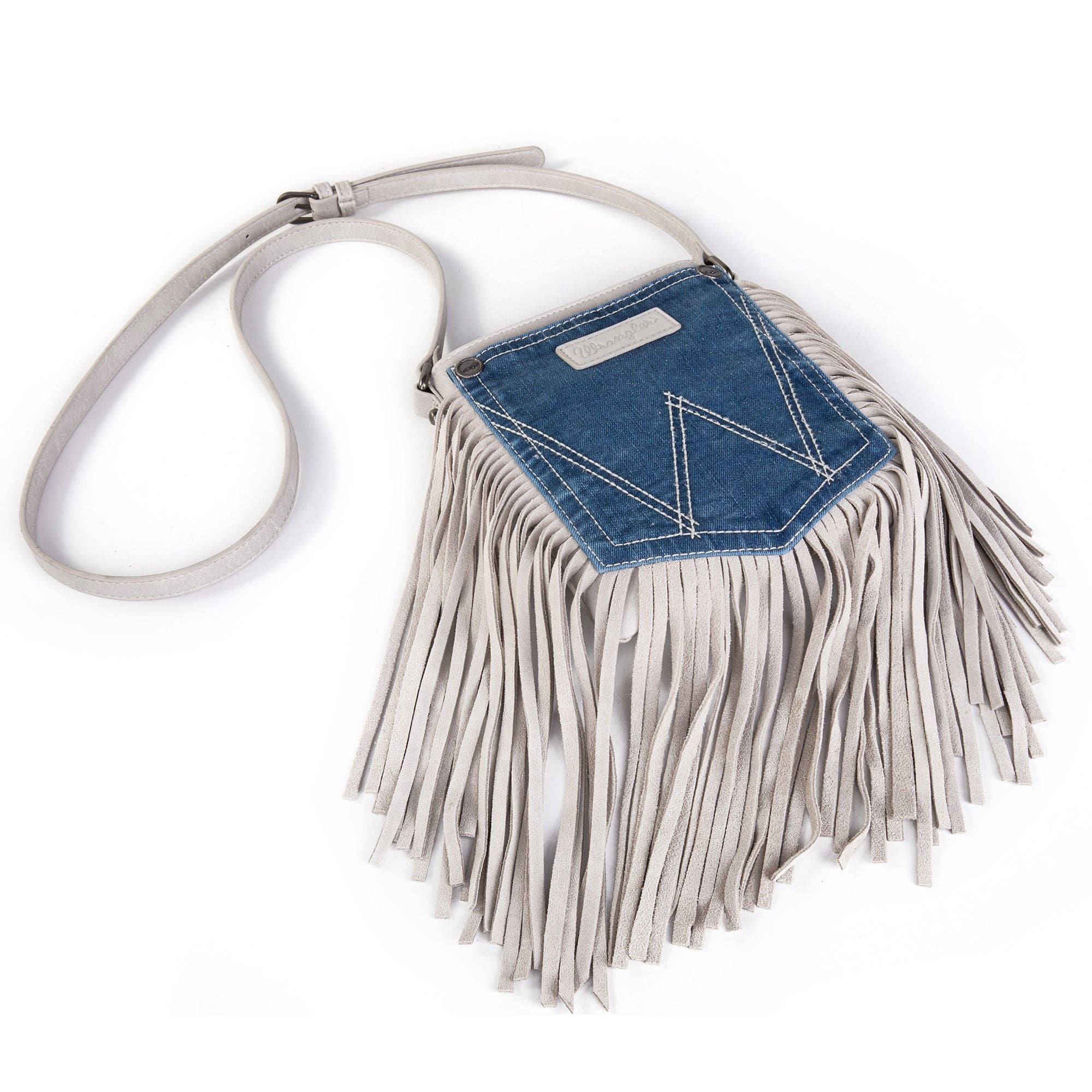 WG44-8360 Wrangler Leather Fringe Jean Denim Pocket Crossbody - White: Beige