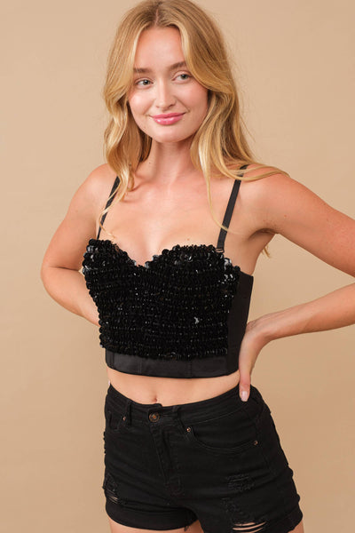 61241T - Textured Bulky Sequin Corset Bustier Crop Bralette: BLACK