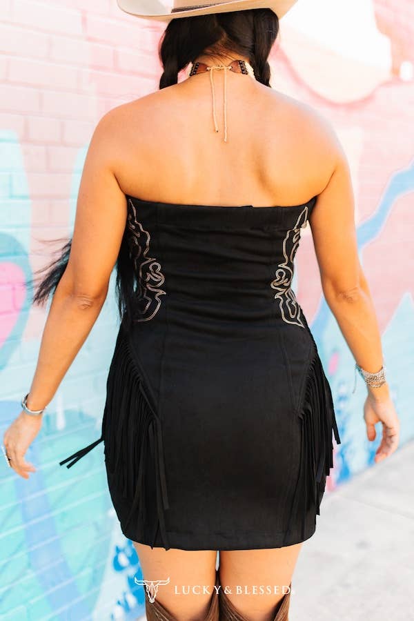 Black Suede Boot Stitch Embroidered Fringe Dress: