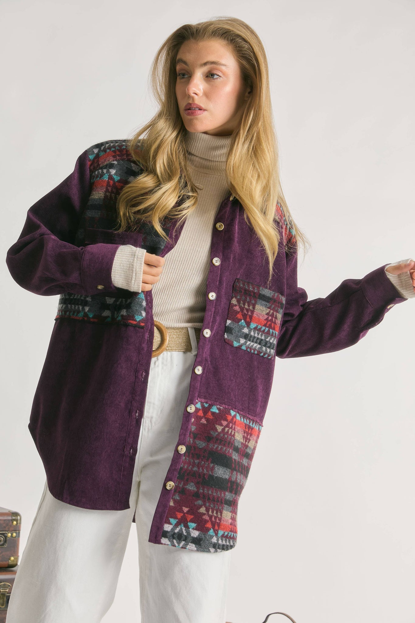 GEO JACQUARD WEAVING CONTRAST BUTTON FRONT SHIRT
