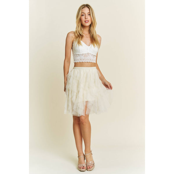 CASCADING TULLE MESH LAYERED MINI SKIRT: Cream