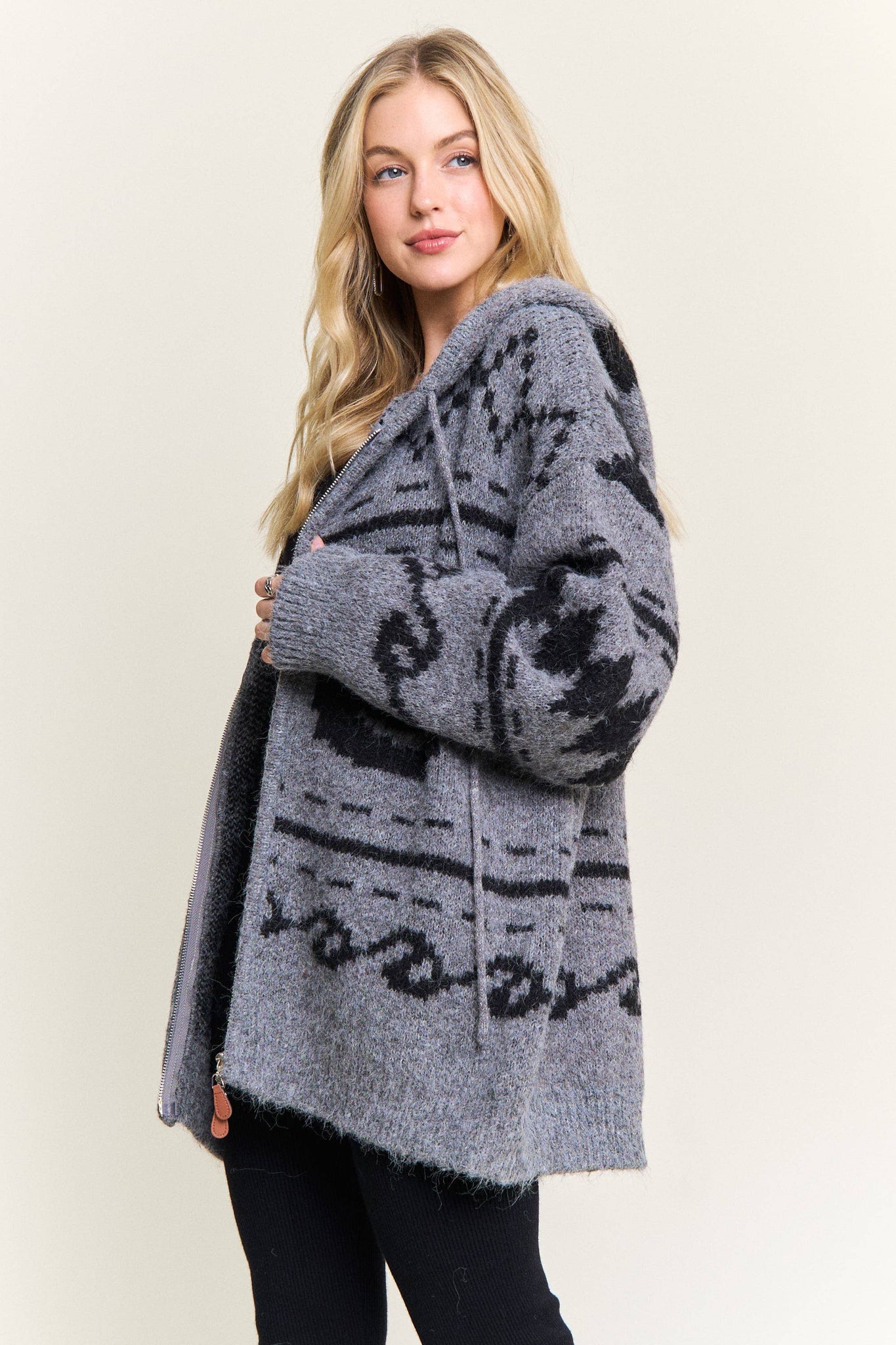 CESW4139-ZIP-UP AZTEC HOODED KNIT CARDIGAN:ONESIZE