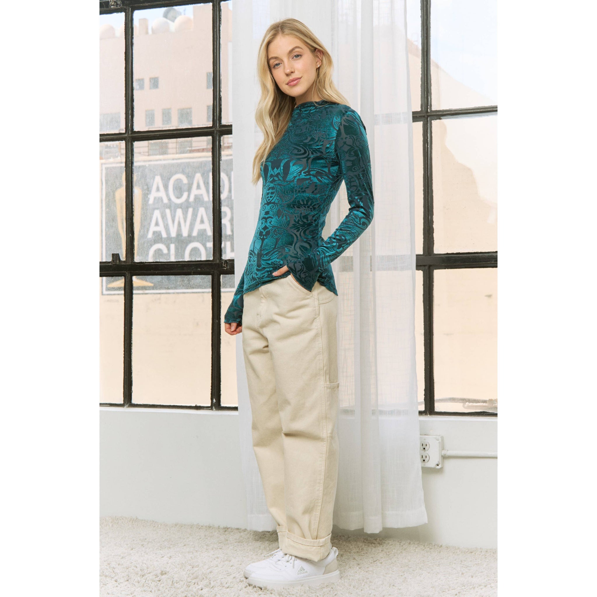 VELVET BURN OUT SLIM FIT HIGH NECKLINE TOP: