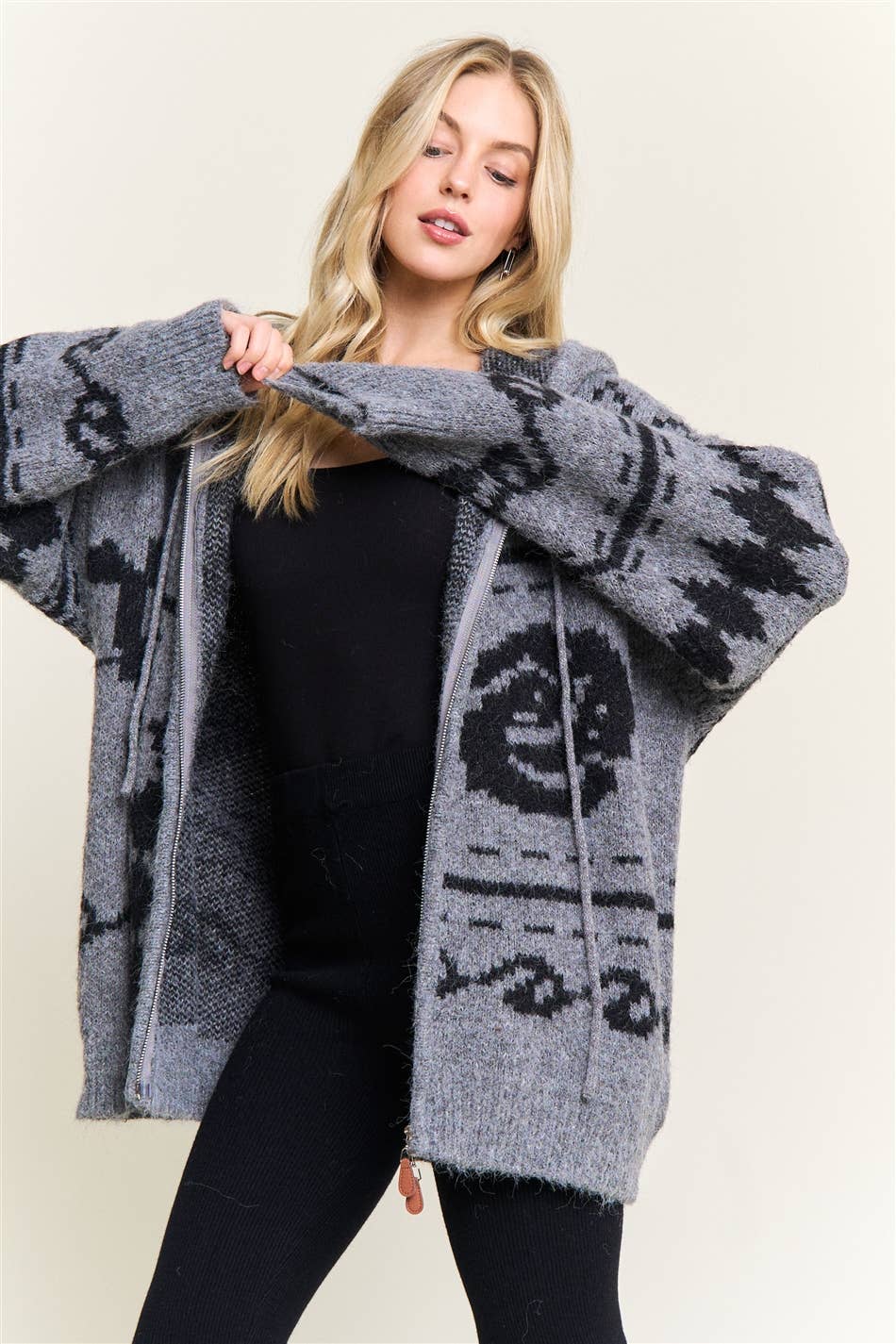CESW4139-ZIP-UP AZTEC HOODED KNIT CARDIGAN:ONESIZE