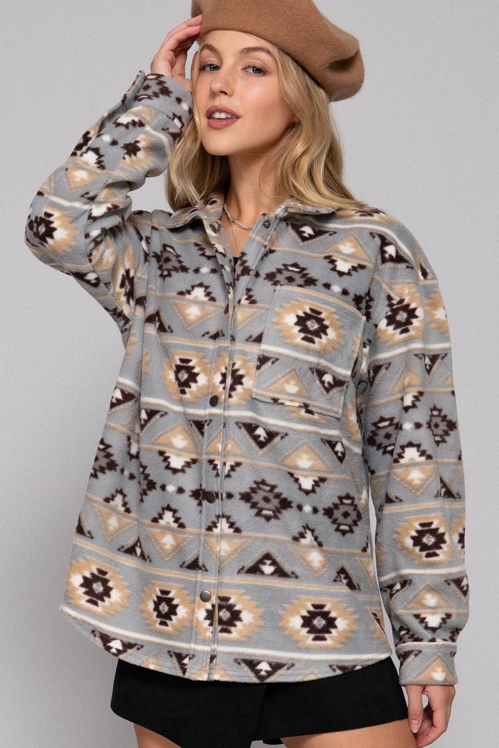 Long Sleeve Printed Fleece Shacket: GRY-grey/taupe