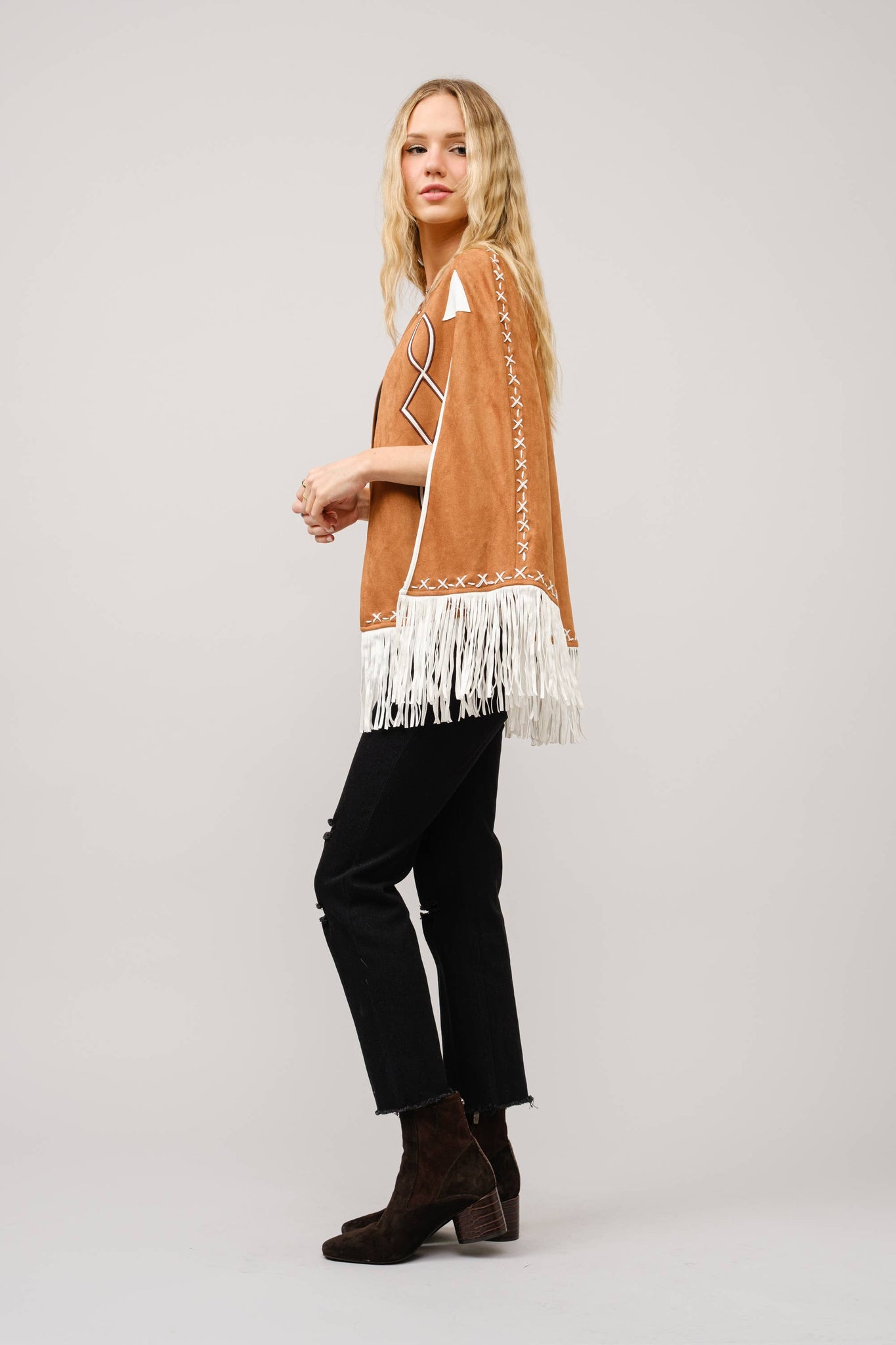 36306J - Fringe Detail Open Cape Jacket: CAMEL