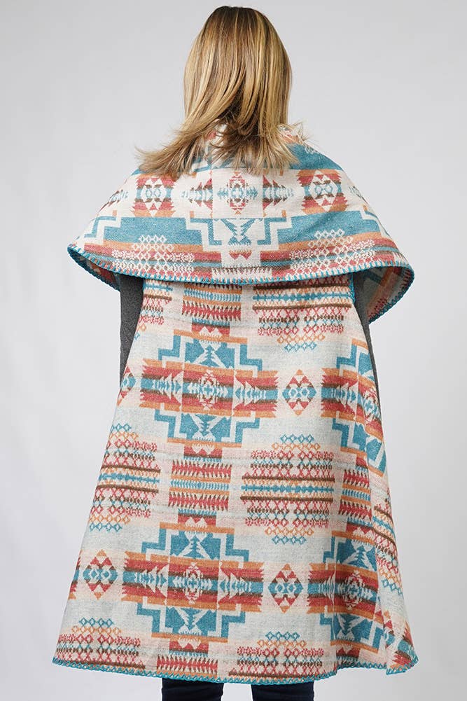 Aztec Reversible Round Shawl Vest: Turquoise