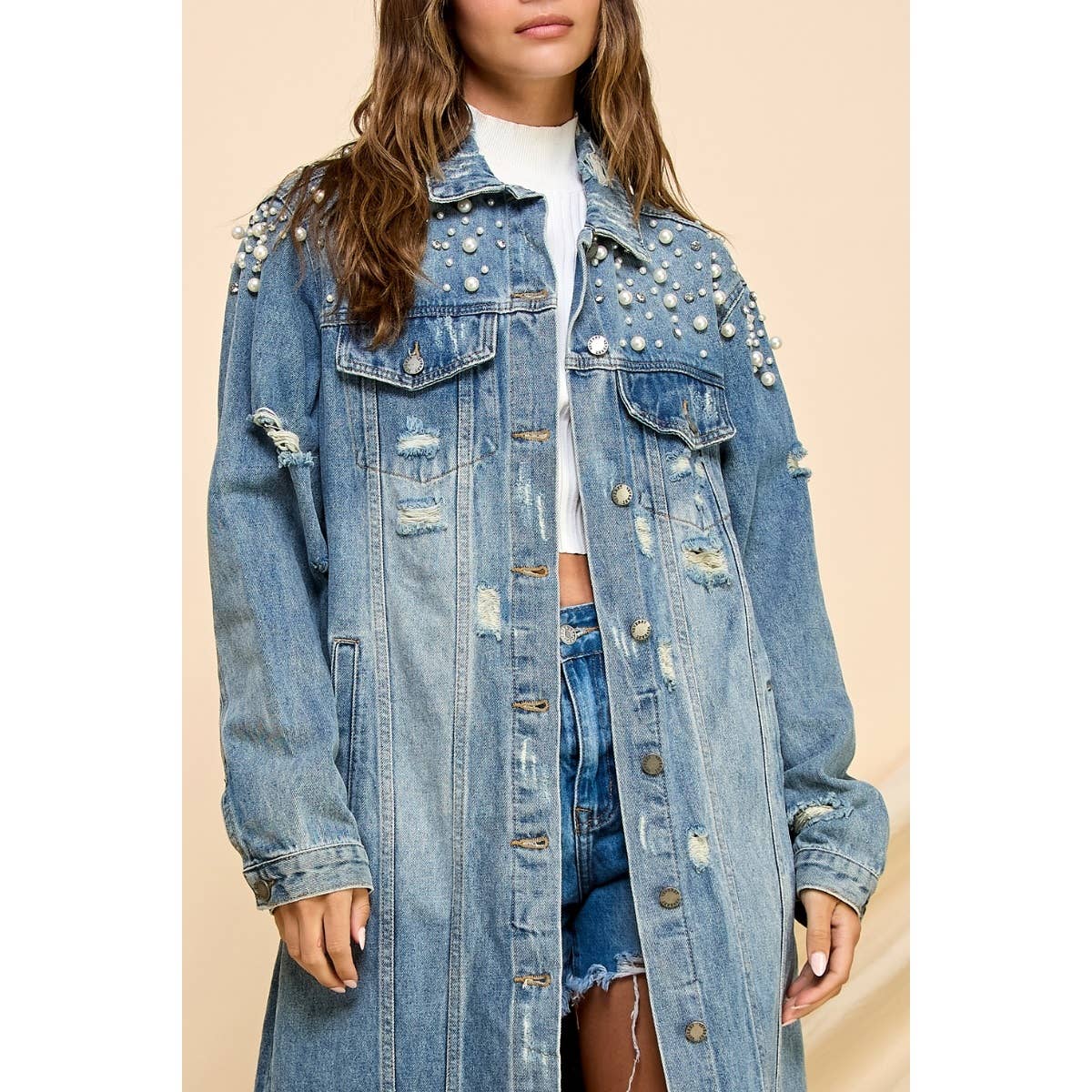 Pearl And Crystal Distressed Long Denim Jacket: Med Wash