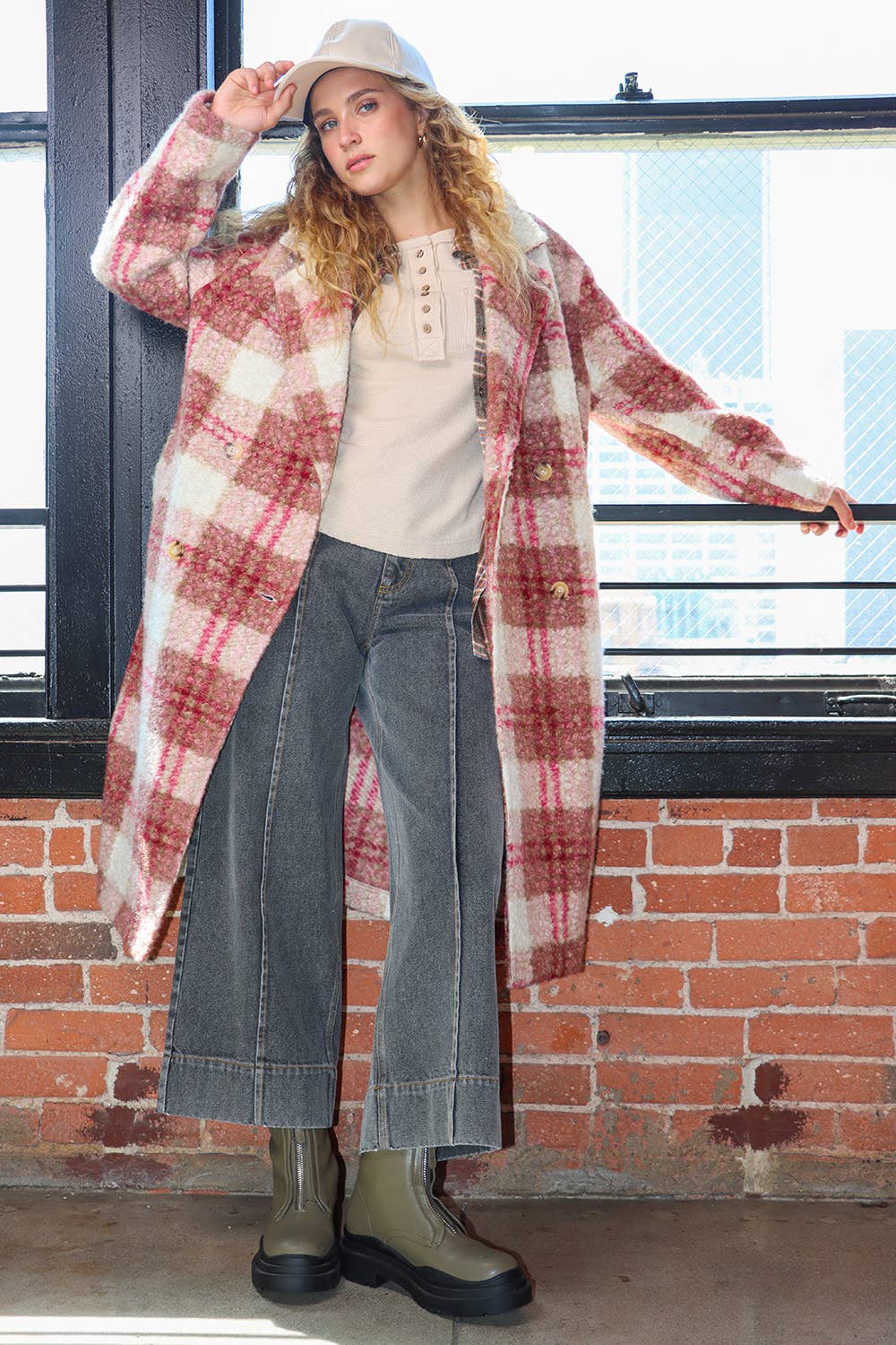 NJ90324-PLUS SIZE Oversized Plaid Soft Fuzzy Button Down Long Coat:Rose Mix