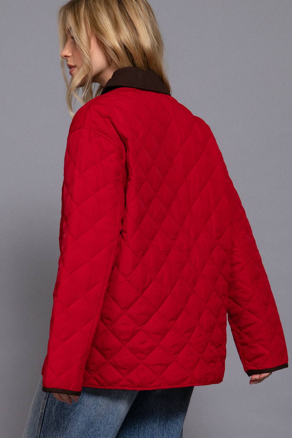 Long Sleeve Contrast Lapel Collar Quilted Puffer Work Jacket: