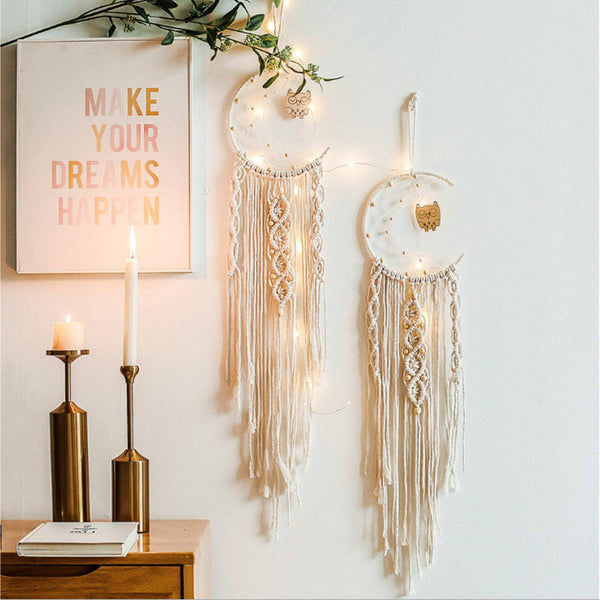 Boho Macrame Woven Moon Star Dreamcatcher: Moon with Owl