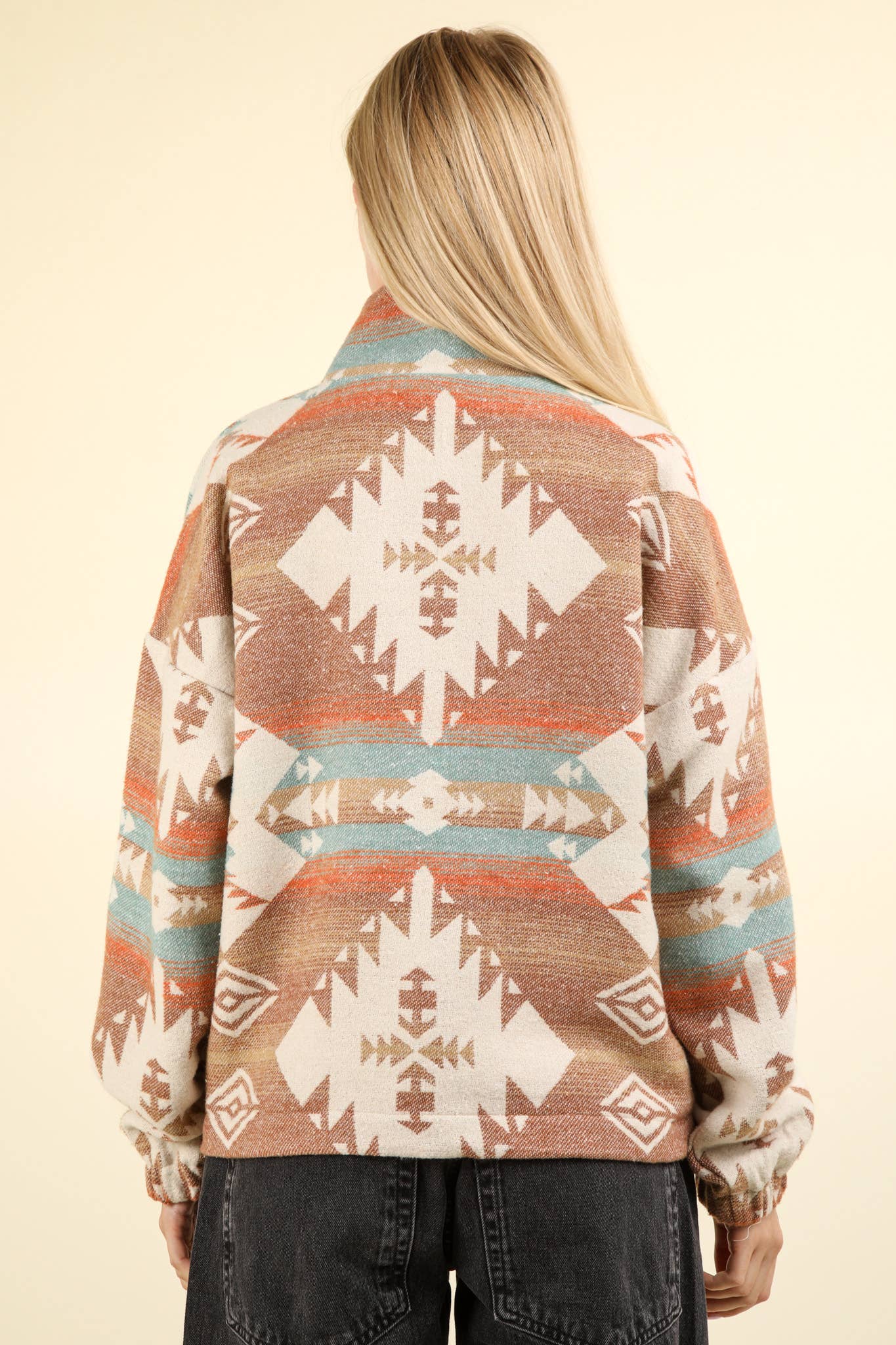 NT11854-Aztec Printed Henley Woven Pullover Top: CREAM MIX