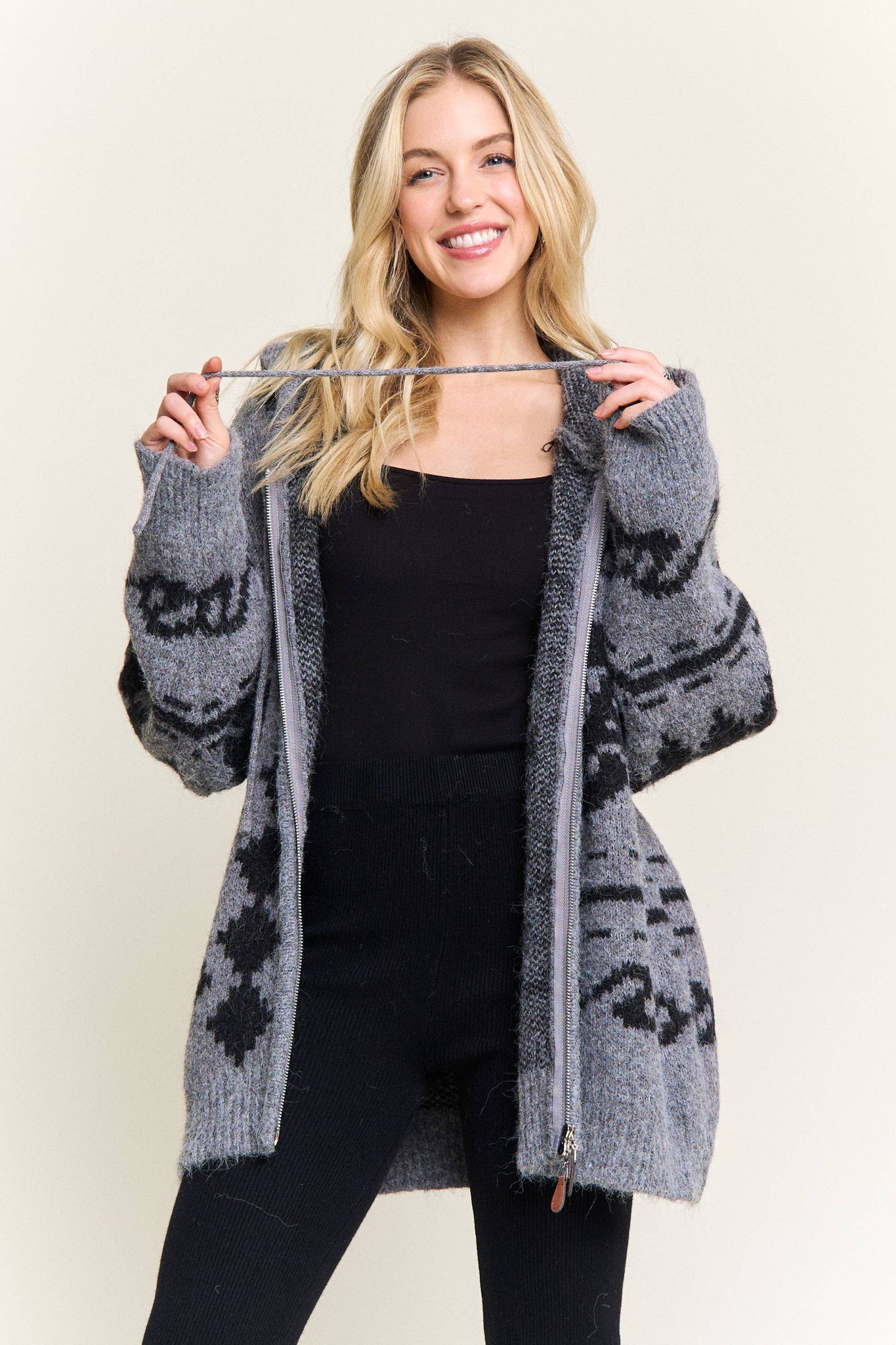 CESW4139-ZIP-UP AZTEC HOODED KNIT CARDIGAN:ONESIZE