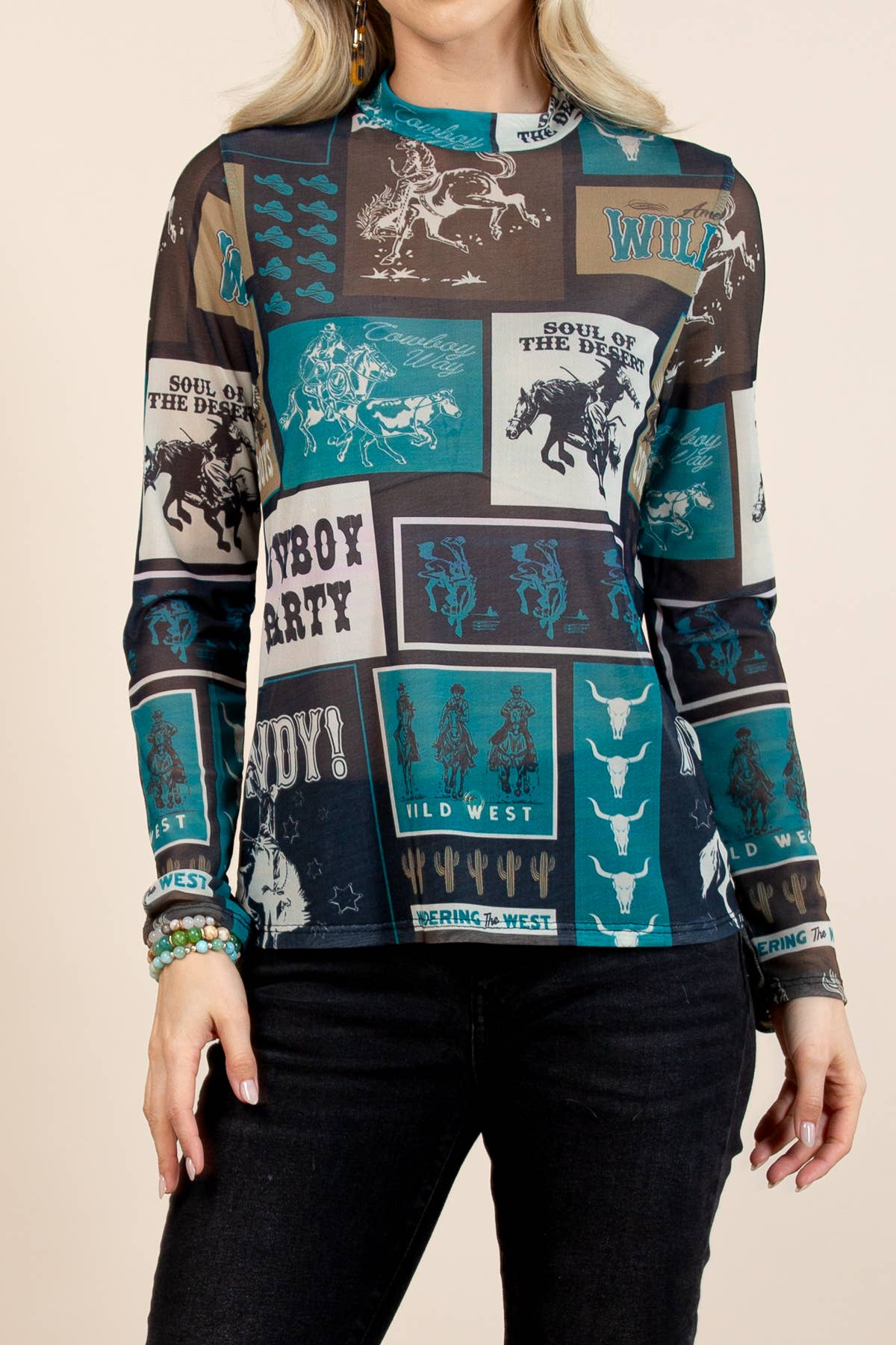 T1502-6010A-Remini Teal Cowboy Party Mesh Print Mock Neck To: WESTERN PRINT