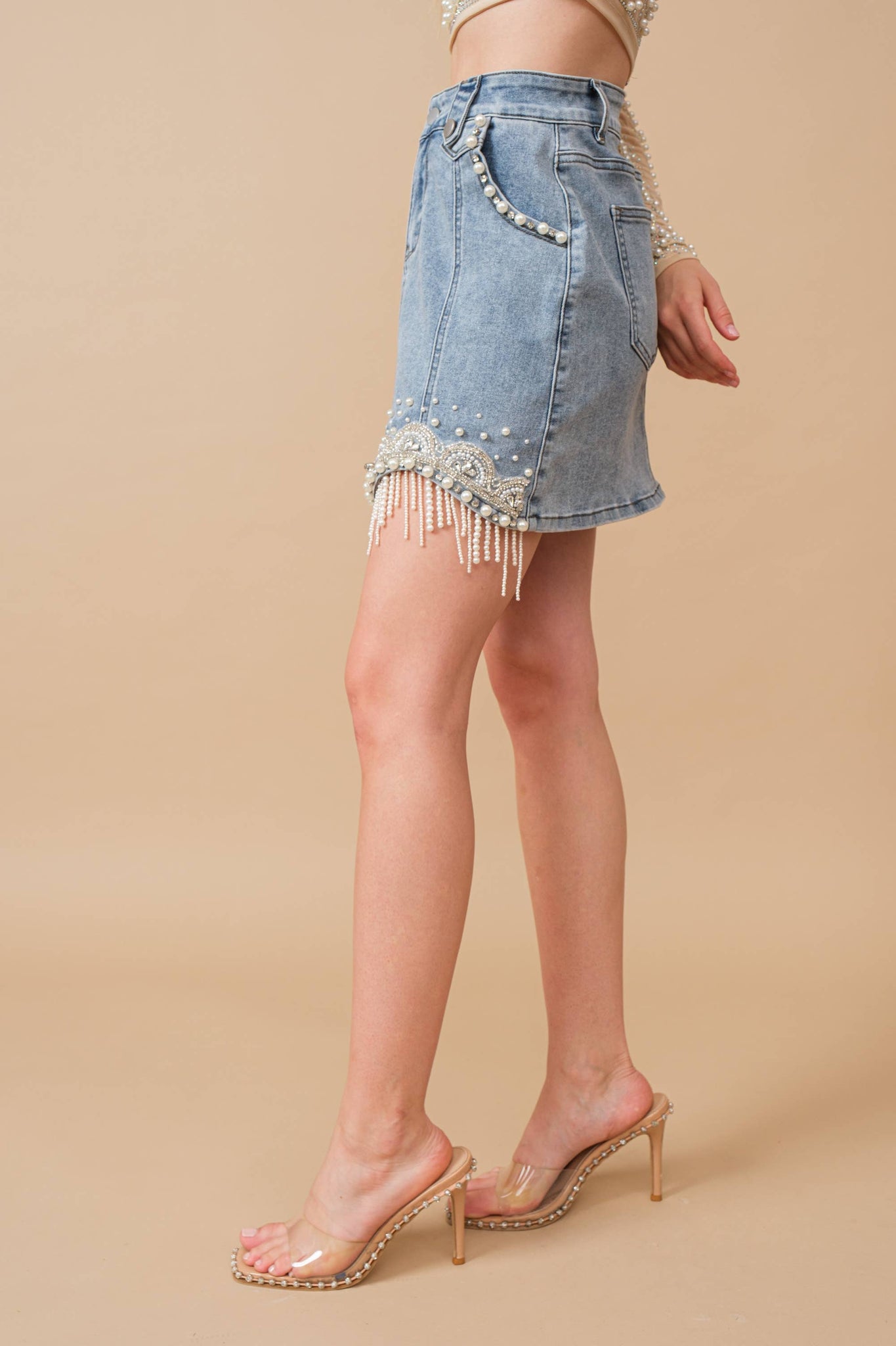 80038S - Stretch Denim Embellished Pearl Fringe Mini Skirt: MED WASH