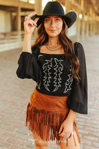Black Boot-stitch Embroidered Elastic Long Sleeve Top