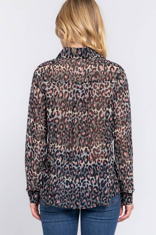 Long Sleeve Animal Print Chiffon Top: Gry-Grey/pink