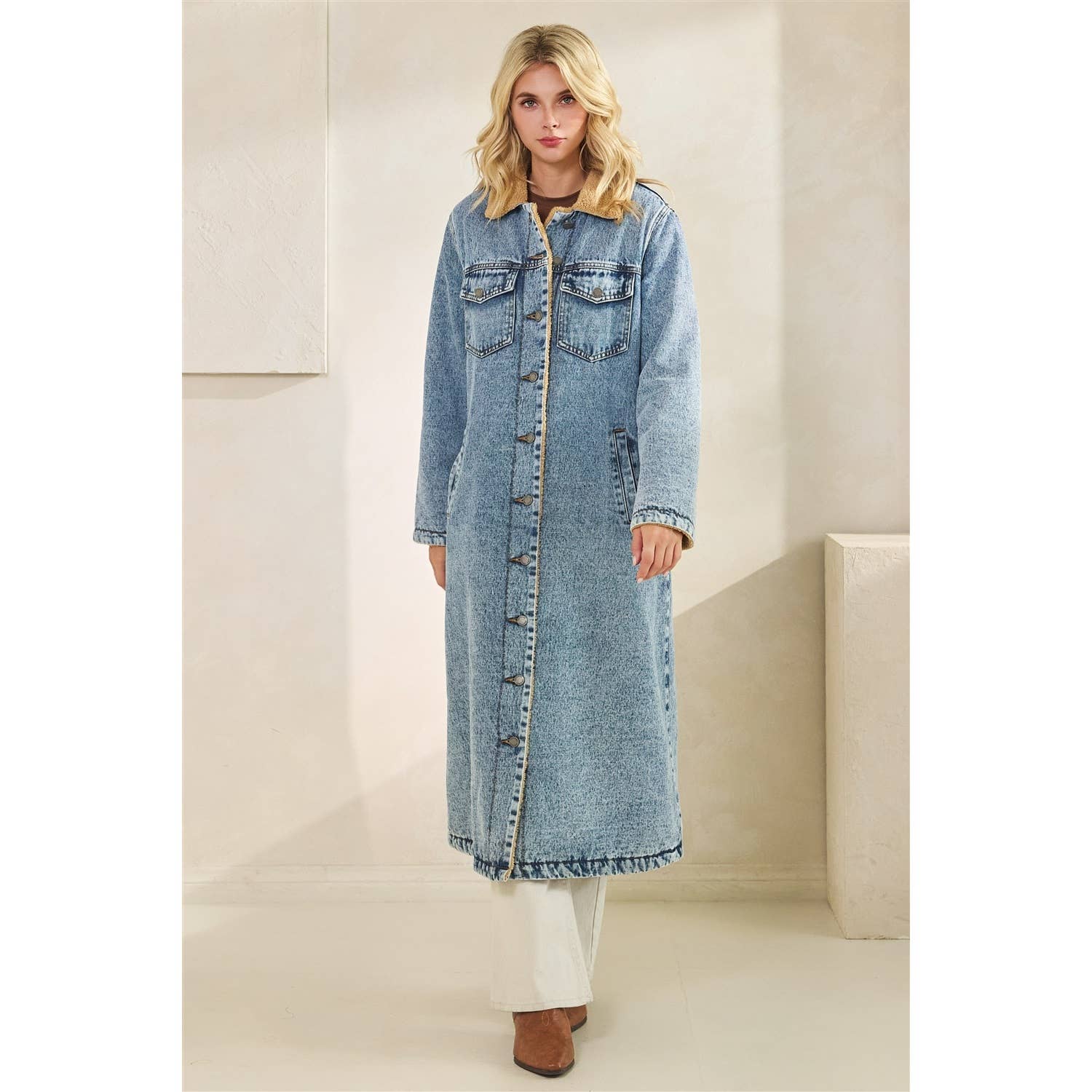 Teddy Lined Long Denim Jacket: Med Wash