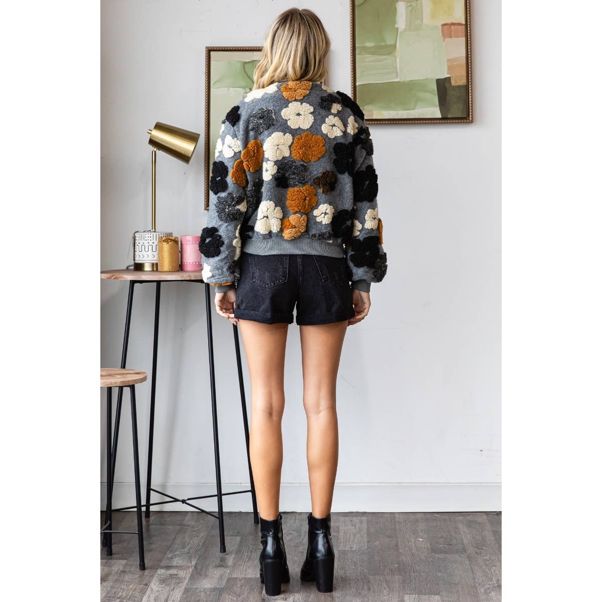 Felted Flower Puff Sleeve Button Jacket