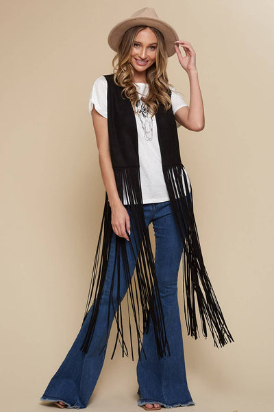 SIJ5201A BLACK LONG FRINGE FAUX SUEDE WESTERN  VEST