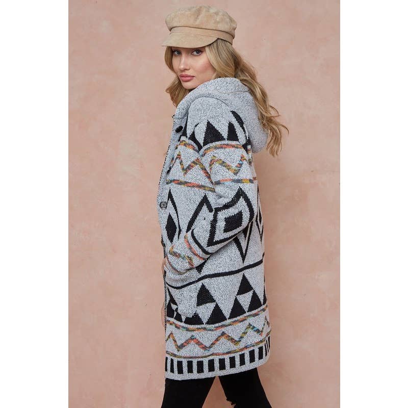 Aztec Rainbow Long Sleeve Hoodie Cardigan w_Sherpa