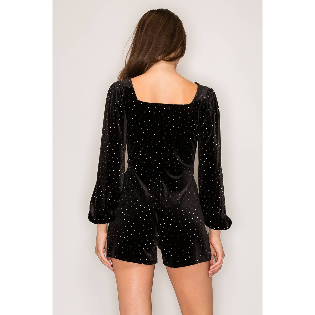 Studded Velvet Bubble Sleeve Romper: Black