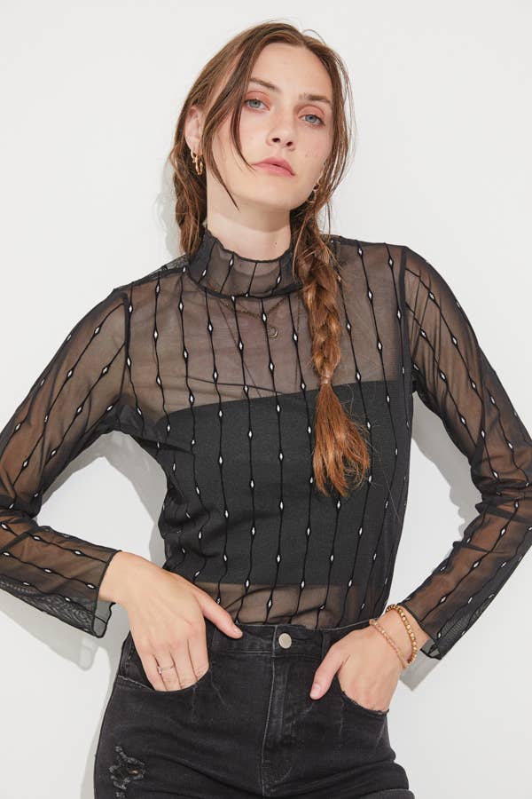 PLUS SIZE MOCK NECK MESH FLOCKED TOP: BLACK