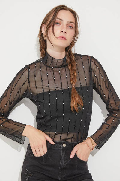 PLUS SIZE MOCK NECK MESH FLOCKED TOP: BLACK