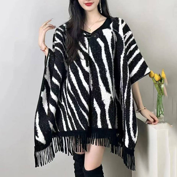 Zebra Print Poncho with Fringe