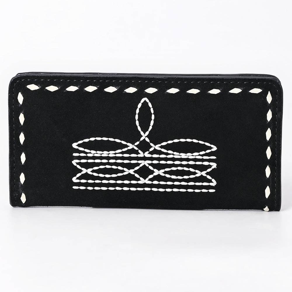 Black Suede Leather Wallet with White Whipstitch Embroidery: ADBG1687A