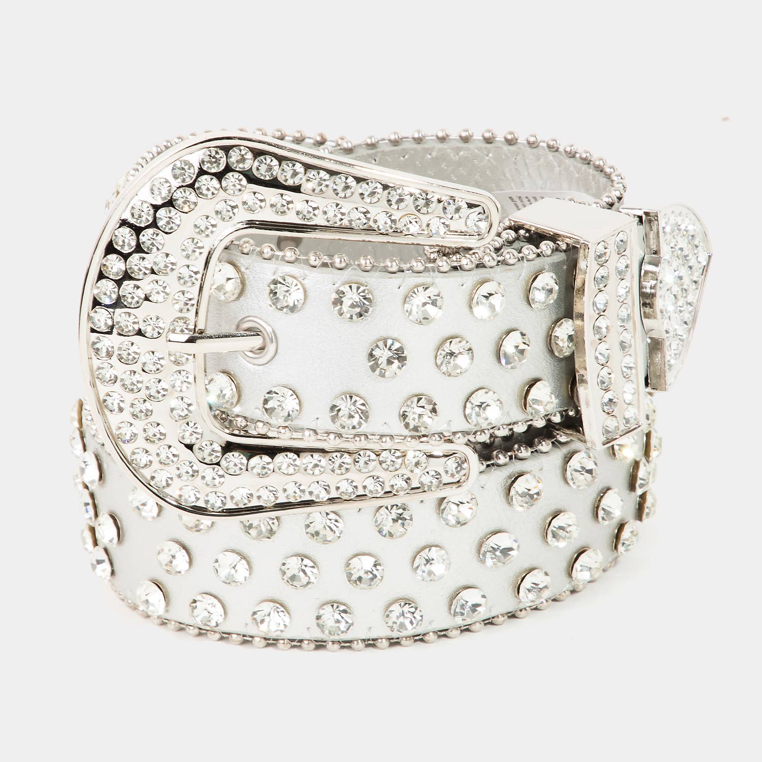 Rhinestone Trim Studded Faux Leather Belt: WH