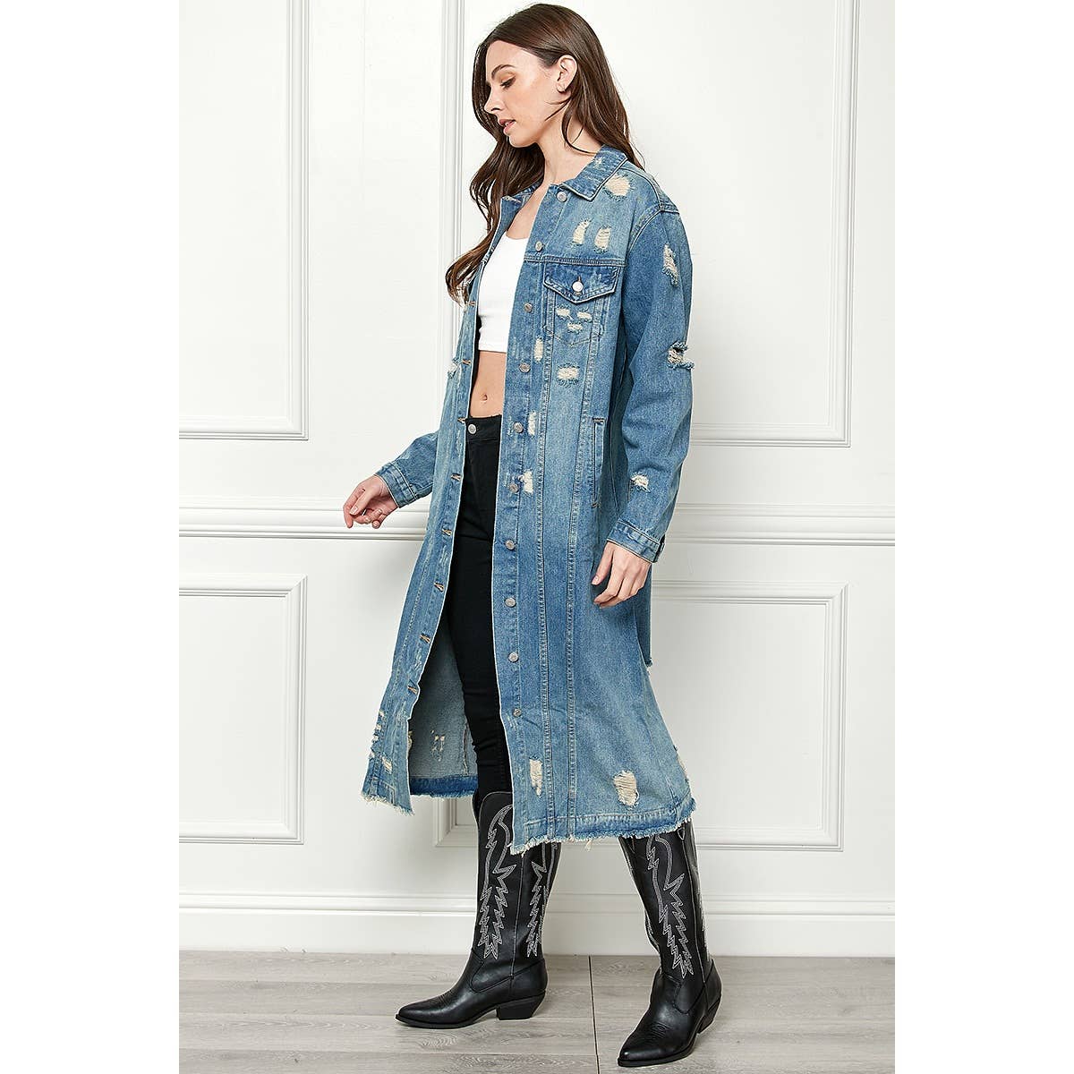 Distressed Long Denim Jacket: Med Wash