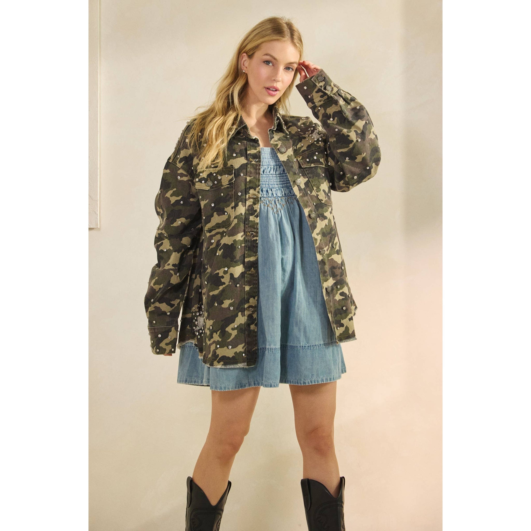 Printed Rhinestone Denim Jacket: Camo