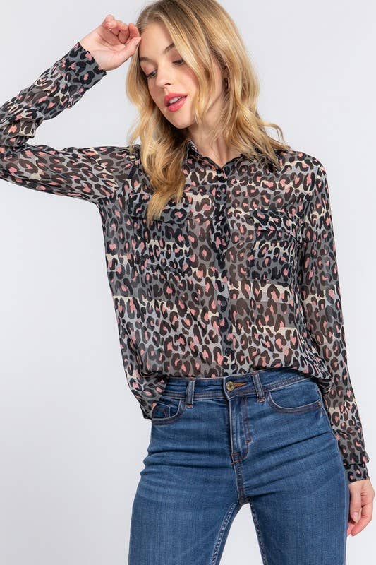 Long Sleeve Animal Print Chiffon Top: Gry-Grey/pink