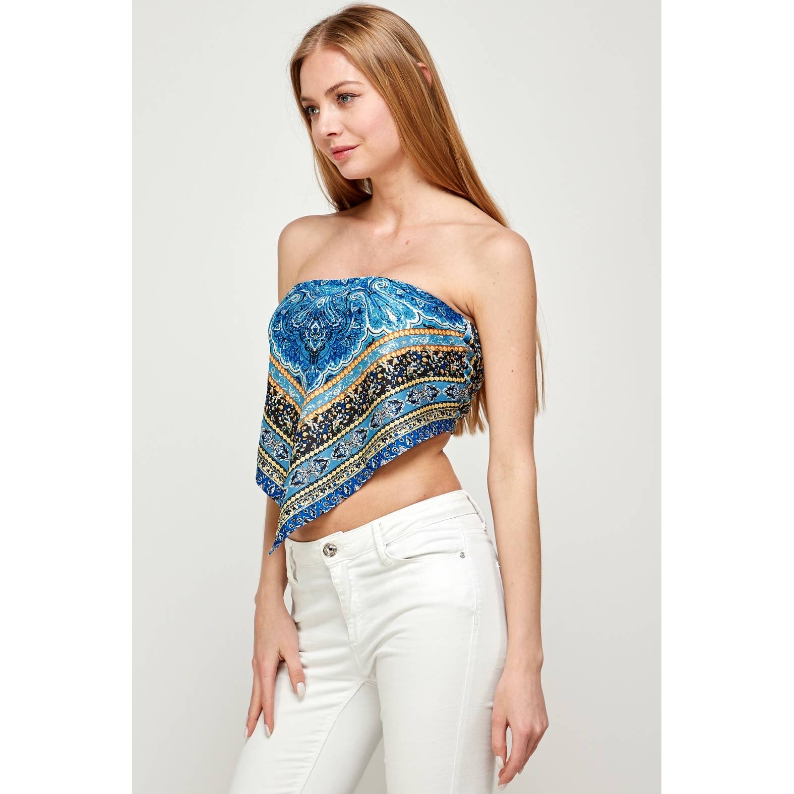 SATIN PRINT BANDANA TUBE TOP WITH SMOCKING AND TIE