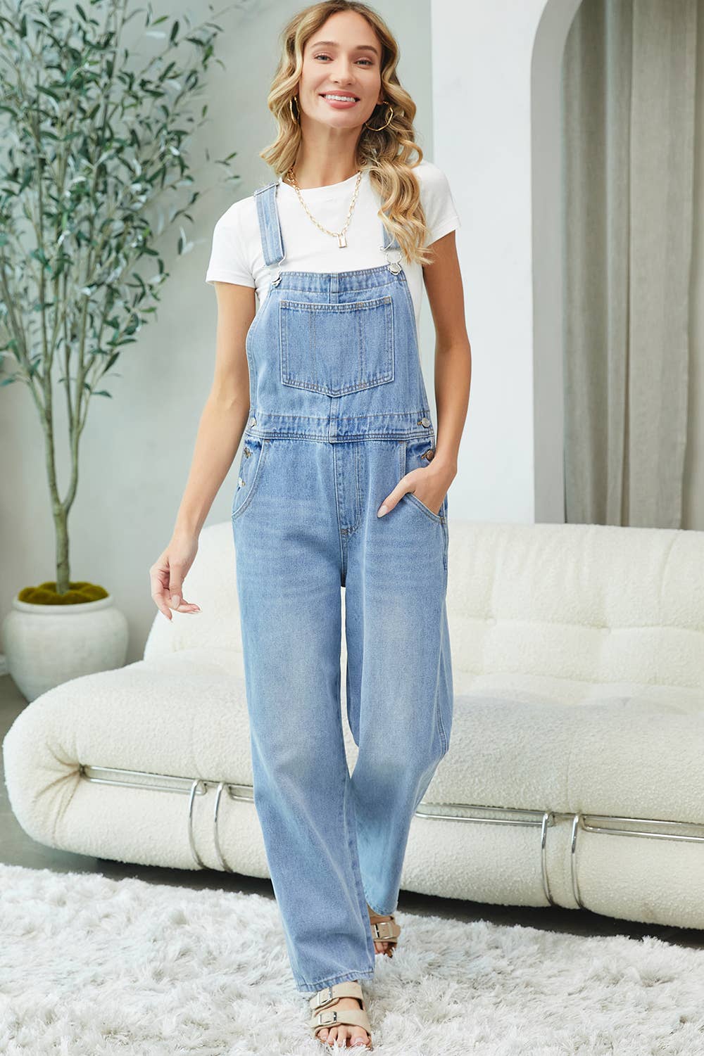 DENIM ADJUSTABLE STRAPS OVERALLS: DENIM Contemporary