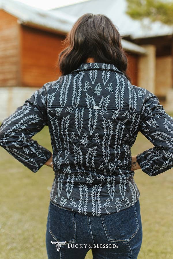 Black Bootstitch Printed Quilted Jacket W Front Pockets