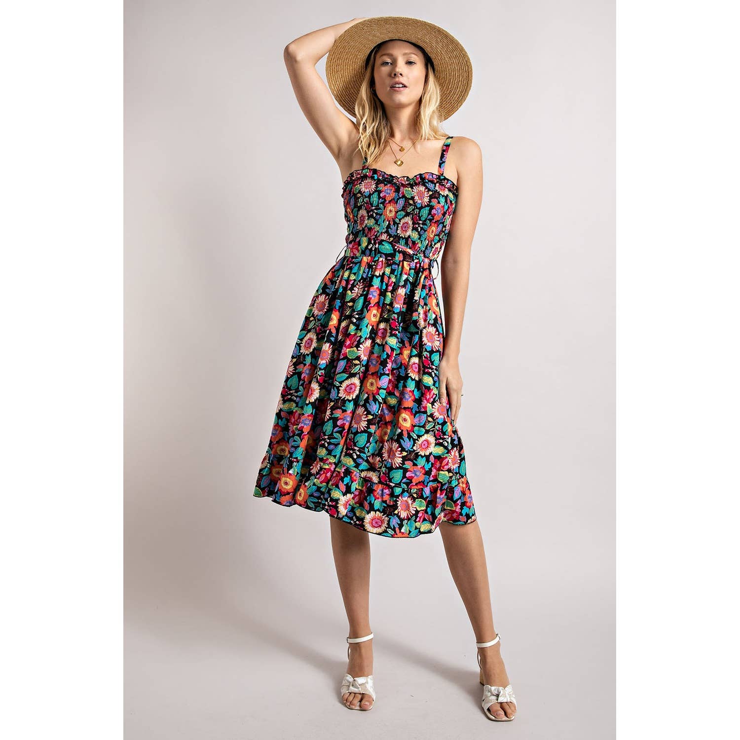 FLOWER PRINT SMOCKING DRESS: Black Combo