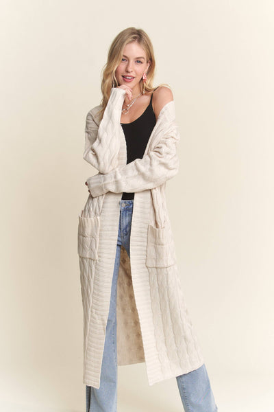 CESW3774 - CABLE KNIT SWEATER CARDIGAN WITH POCKET: NATURAL