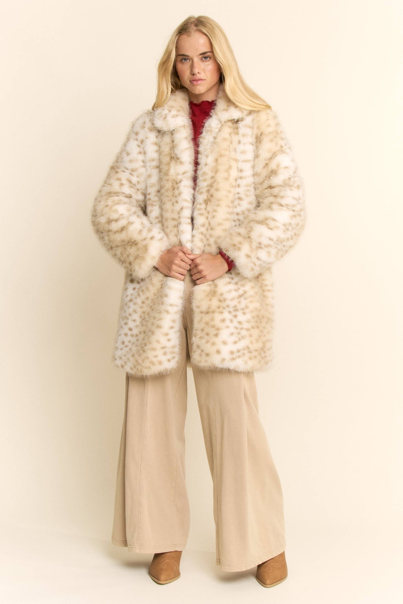 TRICOLOR FAUX FUR COAT: LEOPARD/TAUPE