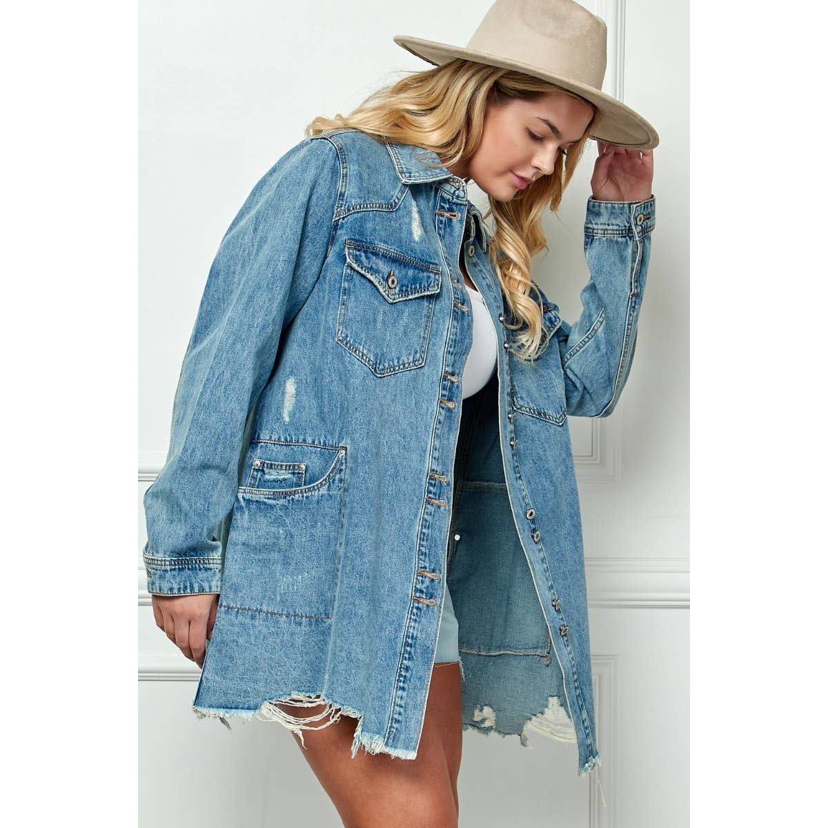 Plus Size Medium Washed Denim Shirts Jacket: Med Wash