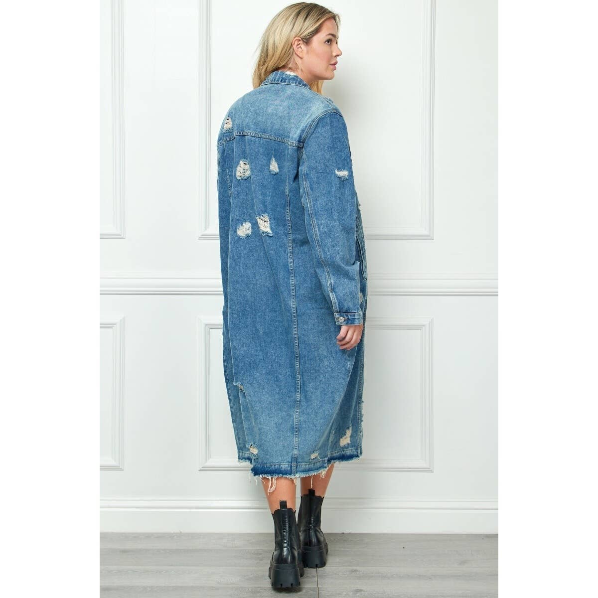 Plus Size Distressed Long Denim Jacket: Medium Wash